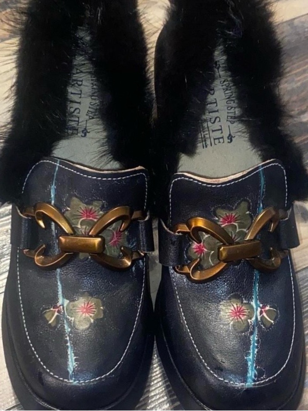 NWOT Artsy black leather Faux Fur Trim Women's Chunky Heel Loafers - Picture 2 of 5